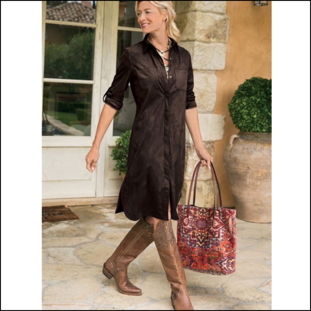 Soft Surroundings Brown So Easy Faux Suede Shirtdress